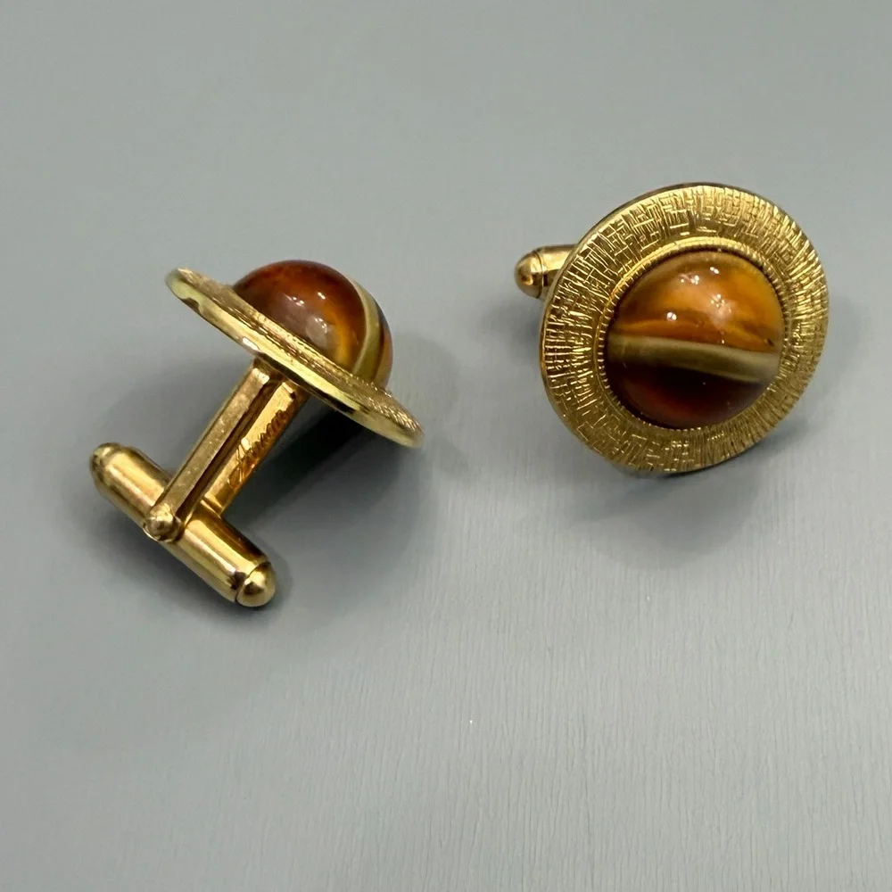Vintage Anson Gold Saturn Greek Key Textured Cufflinks With Tiger's Eye Glass